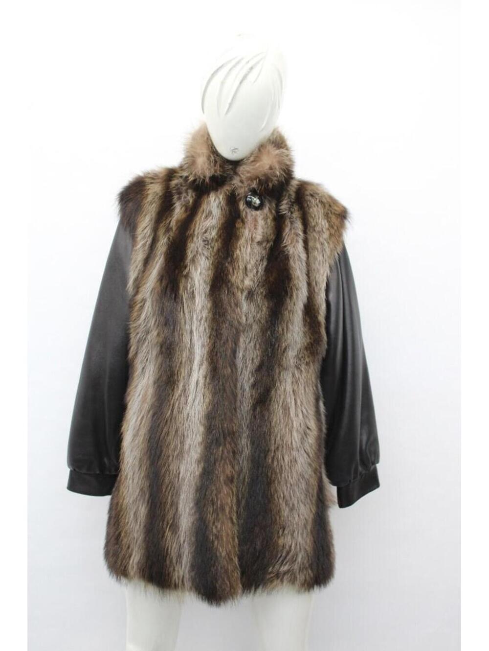 Excellent Raccoon & Leather Fur Coat Jacket Women Woman Size 4-6 Small